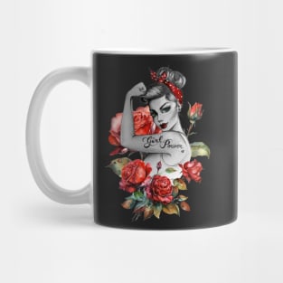 Red Roses and Ladybug Girl Power by Anne Cha Modern Rosie the Riveter Mug